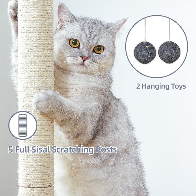 Cat Tree Tower Scratching Post for Indoor Large Cats, Small Cat Tree with Big Perch Bed, 28in Tall Trees House with Condo Cave, Toy Balls, Modern Climbing Furniture Platform for Kitten (Dark Gray)