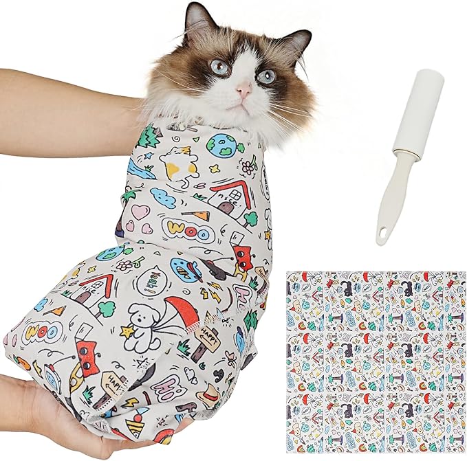 Supet Cat Grooming Wrap for Cutting Nails, 2026 Self-Adherent Anti-Escape Calming Cat Swaddle Wrap for Medicine, Nail Clipping, Teeth Brushing, Ear Cleaning (Cartoon, XL)