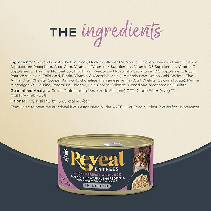 Reveal Entrées Natural Wet Cat Food, Grain-Free with Added Vitamins & Minerals, Carrageenan-Free and High Protein, Chicken Breast with Duck in Broth (24 x 2.47 oz Cans)
