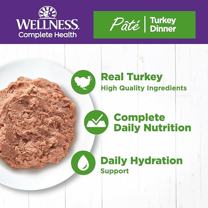 Wellness Complete Health Pate Adult Canned Wet Cat Food, Natural, Protein Rich, Grain Free, Turkey Dinner Recipe, 5.5 oz, Pack of 24 Cans