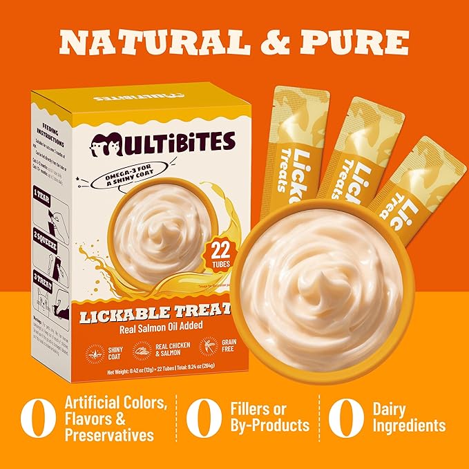 Soft Lickable Cat Treats for Indoor Cats – Salmon Oil & Chicken Flavor with Omega 3 and Taurine for Cats for Healthy Skin & Coat - Squeezable Cat Treats for Kittens & Senior Cats, 22 Tubes