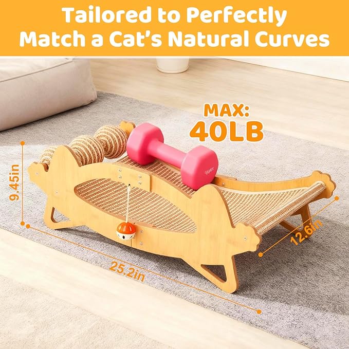 TIMIEEYA Cat Scratcher Bed, 3-in-1 Cat Scratching Pad with Hammock & Ball, Natural Sisal with Solid Wood Frame Cat Scratch Post for Indoor Cats Lounger & Sleep & Scratch