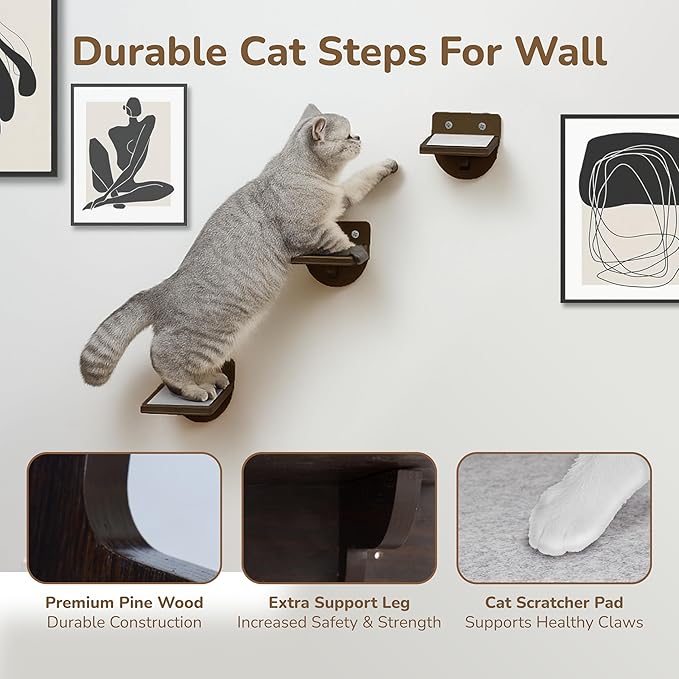 [Ready to Gift] PURRHOUSE 45LBS Capacity Cat Window Perch with Bolster, Hammock Seat with Premium Plywood & Metal Frame, Window Bed for Indoor Cats & Kittens (Walnut, Cat Wall Steps)