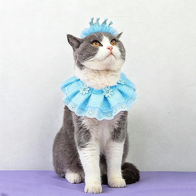 Cat Princess Costumes Cat Crown Hat & Lace Bandana Scarf Set, Puppy Party Hat for Small Dogs & Cats, Lace Outfit for Cats and Small Dogs Birthday Party (Blue)