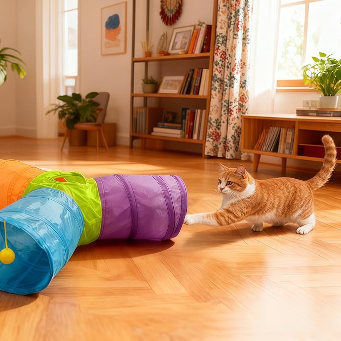 Cat Tunnel Tube Toys 3 Way Collapsible, Interactive Play Tube with Hanging Ball, Cat Tunnels for Indoor Cats, Cat Play Tunnel with Peek Hole for Kitty, Kitten, Rabbit, Puppy