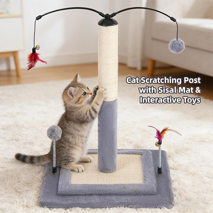 YUNIQUE Cat Scratching Post with Sisal Rope, Small Cat Tree with Dangling Balls & Feather for Kittens(Grey, 22.8'')