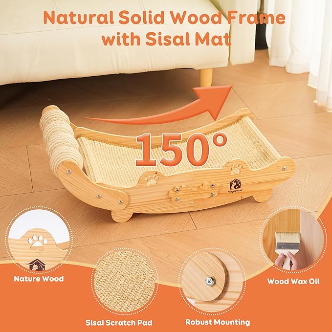 Large Sisal Cat Scratch Pad, Nartural Soild Wood Cat Scratcher Bed with Sisal Scratching Felt and 4 Balls for Indoor Cats Scratch & Lounger & Sleep (Large Size, Nature Wood)