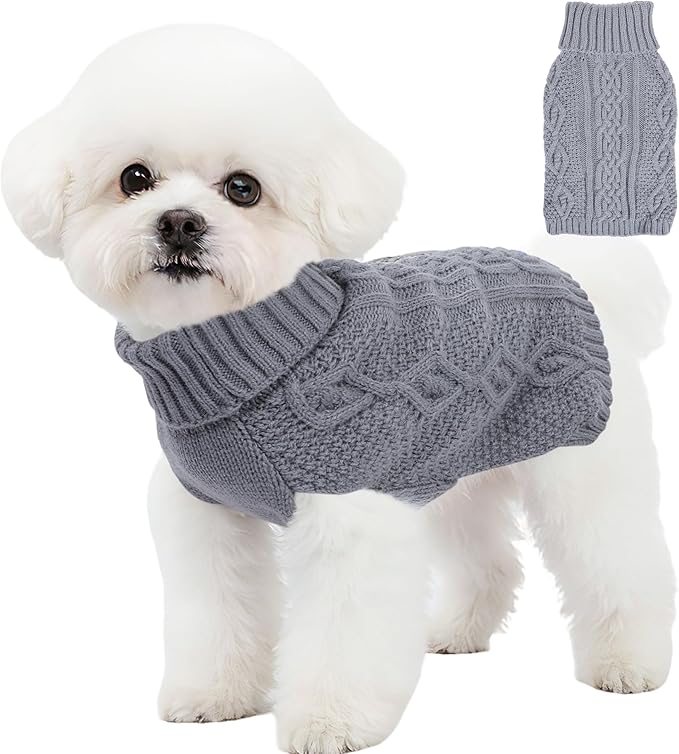 Dog Sweaters for Small Dogs Winter Dog Clothes Turtleneck Knit Puppy Sweater Warm Chihuahua Clothes Cat Sweater Frenchie Doggy Pullover Outfit with Twisted Design(Grey, Small)