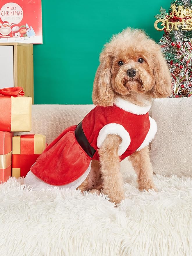 Dog Christmas Dress Santa Costumes: Puppy Girl Dresses Holiday Theme Doggie Xmas Apparel Party Skirts with Belt, Winter Warm Christmas Dog Clothes, Pet Cat Outfit (Red, M)