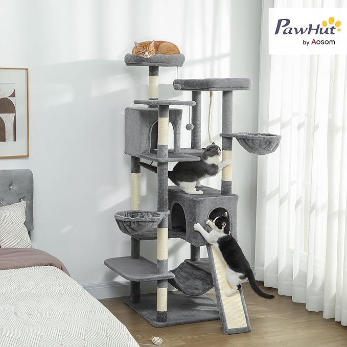 PawHut Flower Cat Tree, 69" Large Cat Tower for Indoor Kittens with 2 Spacious Condos, Sisal Scratching Posts, 2 Hanging Balls, Perches, Ramp, Bed, Dark Gray