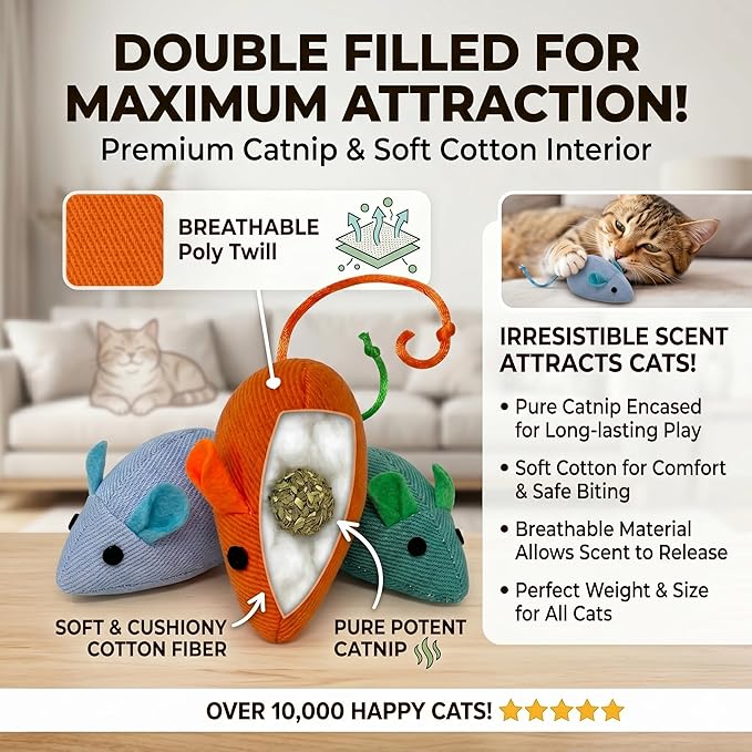 Happi N Pets 7 Pack Catnip Toy Mouse, Colorful Rainbow Cat Mouse Toy for Indoor Cats, Durable Poly Twill Interactive Kitten Toys for Bored Adult Cats, Soft Stuffed Chew Mice