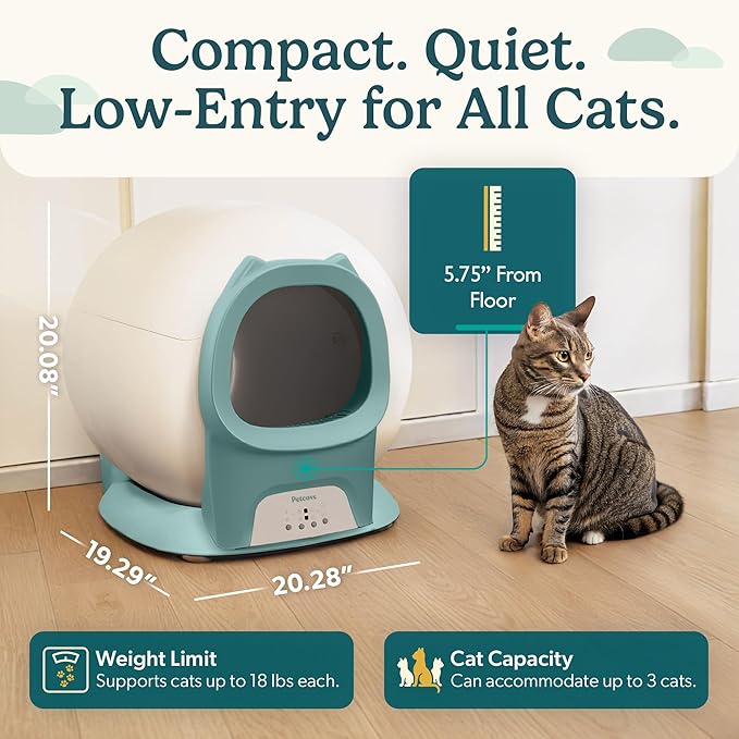 Petcove Automatic Self Cleaning Litter Box for Multiple Cats - PurrTek with Smart App (5GHz Wi-Fi), Triple Odor Control, Quiet Operation & Advanced Safety Sensors