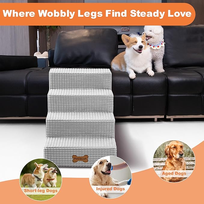 POCBLUE Dog Stairs for Bed 17.7" H, 4-Step Pet Steps for High Bed or Couch, Non-Slip Pet Ramp for Small Dogs and Cats Indoor with Washable Cover, Grey