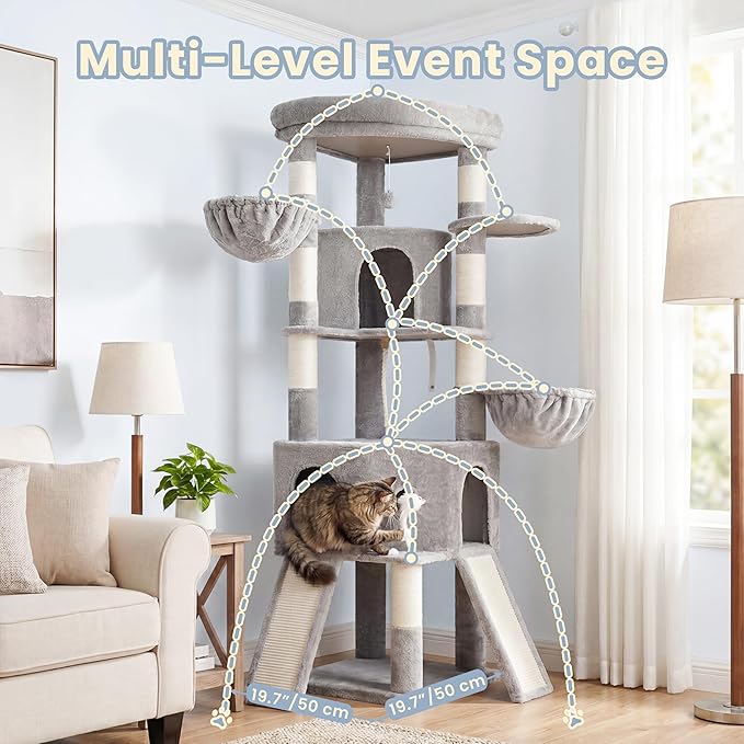 Cat Tree, 73-Inch Sturdy Corner Cat Tower with Wide Top Perch, Cat Furniture with 2 Spacious Condos, 2 Cozy Baskets, 2 Scratching Boards & Interactive Toy for Large Cat, Light Grey VCT021W