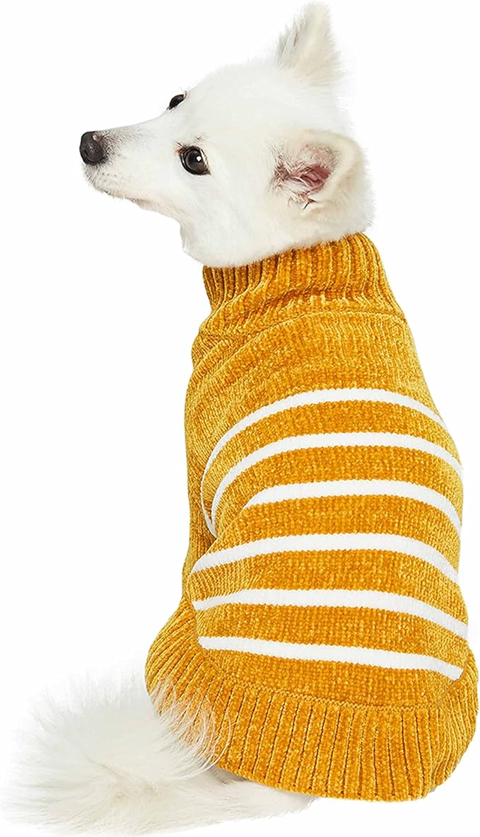 Blueberry Pet Cozy Soft Chenille Classy Striped Dog Sweater in Mustard, Back Length 10", Pack of 1 Clothes for Dogs