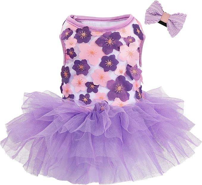 Dog Dress, Fashion Puppy Tutu Princess Dresses for Small Dogs Girl, Sweet Skirt with Dog Bowknot Clips, Spring Dog Cat Clothes Pet Apparel (Purple Floral Dress, Medium)