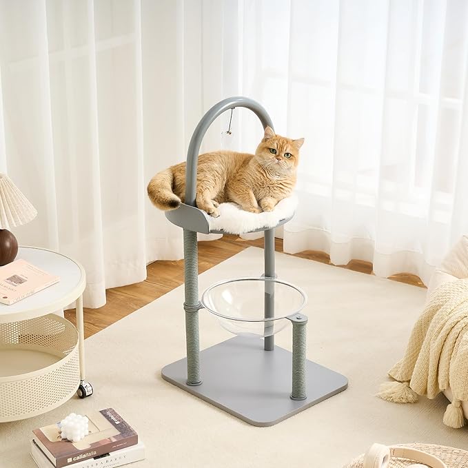 Modern Cat Tree, Wood Cat Tower with Steel Frame, Scratching Posts, Cat Capsule, Plush Mat, Bell Dangling Toy, Aesthetic Minimalist Heavy-Duty Cat Climbing Tree for Large Indoor Adult Cats-Grey
