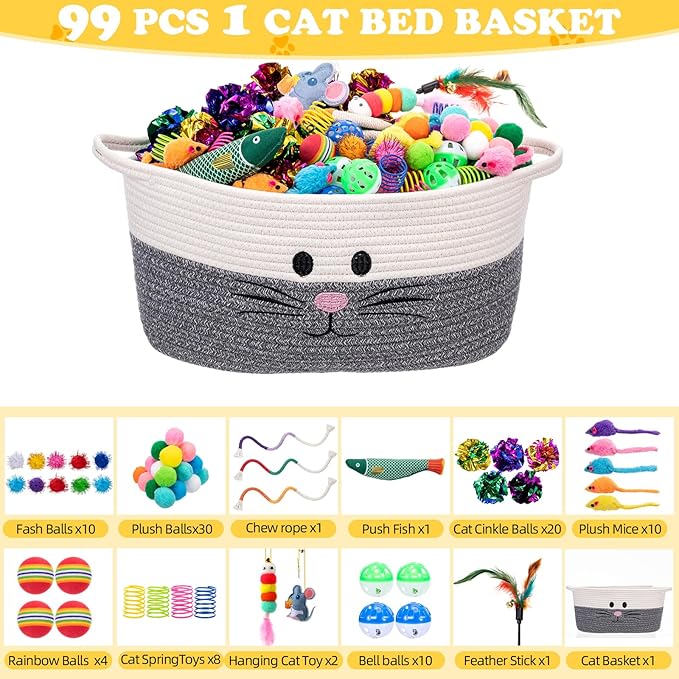 Leitee 100 Pcs Cat Storage Basket Gift Toys Set Cute Cotton Rope Basket, Fish Plush Mice Pet Bell Colorful Crinkle Balls Spring Toys Attract Cat to Swat, Hunt, Interactive for Pet(Basic,Grey,White)