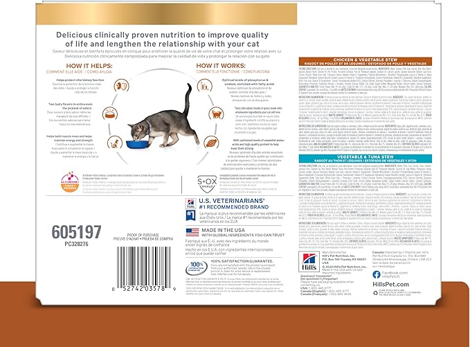 Hill's Prescription Diet k/d Variety Pack Wet Cat Food, Chicken & Vegetable Stew, Vegetable & Tuna Stew, 2.9 oz. Cans, 24-Pack