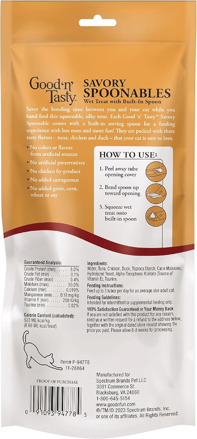 Good ‘n’ Tasty Savory Spoonables with Real Tuna, Chicken & Duck, 6 Count Tube, Triple Flavor Squeezable Lickable Wet Treats for Cats with Built-in Spoon for Less Mess (Pack of 2)