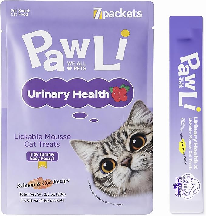 PAWLI Urinary Health Lickable Cat Treats, Squeeze Cat Treats for Urinary Tract Support, Cat Treats with Cranberry, Grain-Free, 7 Count (3.5 oz Total)