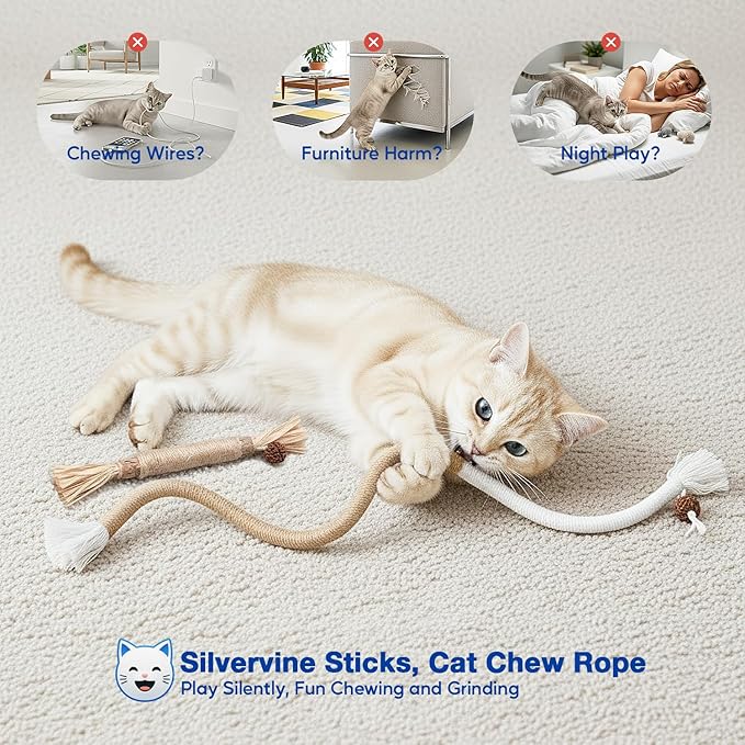 3-Pack Cat Chew Toys, Silvervine Sticks and Cat Chew Rope, Dental Care for Bored Indoor Cats, Interactive Toys with Refillable Catnip for Kittens Teeth Cleaning