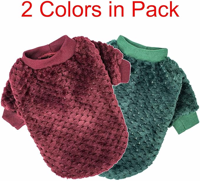 Dog Sweater, 2 Pack Dog Sweaters for Small Medium Dogs or Cat, Warm Soft Flannel Pet Clothes for Dogs Girl or Boy, Dog Shirt Coat Jacket (Large, Dark Red+Dark Green)