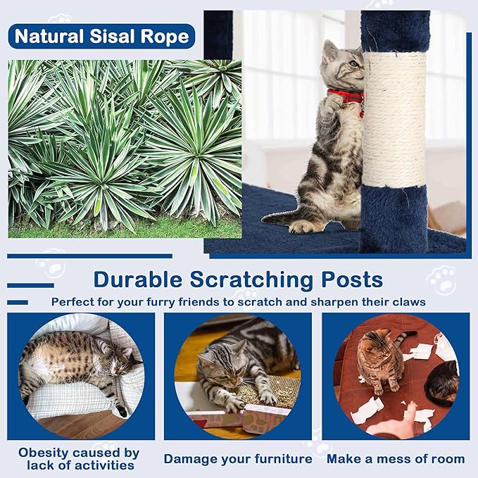 54 Inch Tall Cat Tree Tower: Multi-Level Cat Condo with Scratching Post, Toys & Kitten Rest, Navy Blue