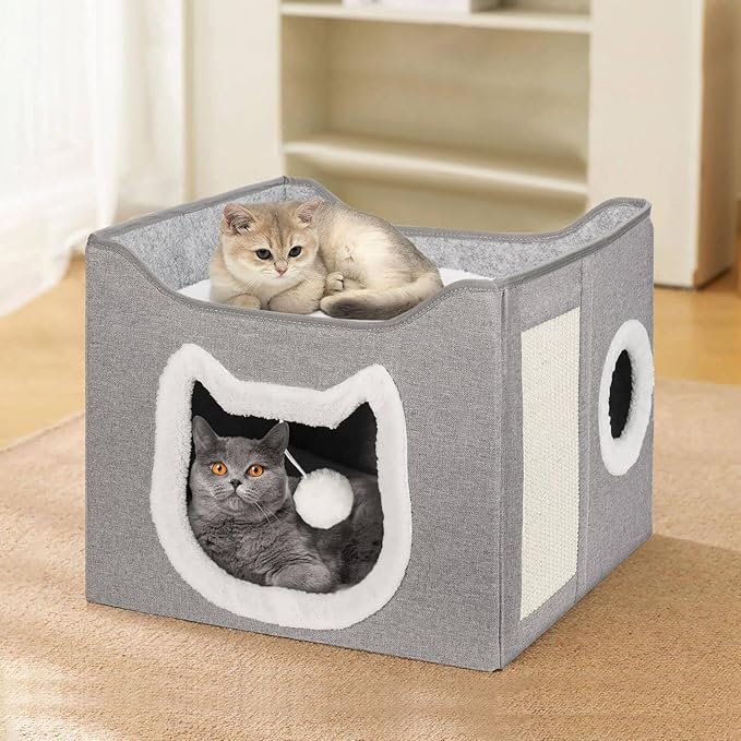 Selecta Grey Indoor Cat House - Foldable, Covered Cat Bed Cave with Fluffy Ball and Scratch Pad