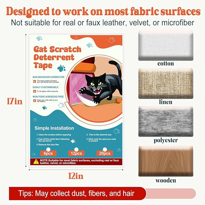 20 Pack Cat Scratch Furniture Protector – Double-Sided Sticky Deterrent Training Tape from Cat Claws, Clear Anti-Scratch Guard for Couch, Sofa, Doors, Easy Apply & Residue-Free, Not for Leather,Velvet