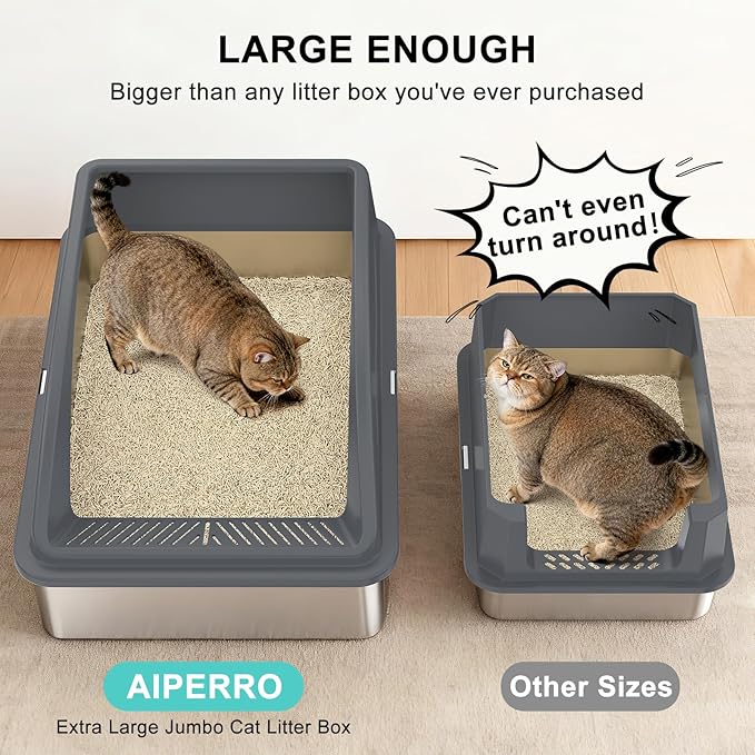 AIPERRO Stainless Steel Litter Box Extra Large for Big Cats and Multi-Cats | Jumbo Extra Large Metal Cat Box with High Sided Lid, Anti-Urine Leakage, Non-Stick,Include Litter Scoop