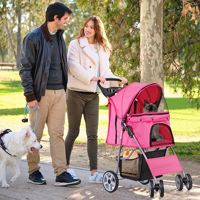 4 Wheels Foldable Pet Dog Cat Jogger Stroller Travel Carrier Strolling Cart w/Waterproof Cover Storage Basket Cup Holder & Removable Liner for Medium Small Cat Dog, Pink