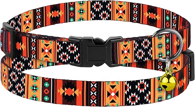 2 Pack Cat Collars with Bell - Breakaway Soft Collar for Girl & Boy Cats, Adjustable Safety Cute Kitten Collars – Comfortable Stylish Patterned Print Design Lightweight (Tribal + Leopard)
