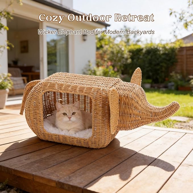 PAWZ Road Elephant Wicker Cat Bed Indoor&Outdoor, Handwoven PE Rattan Cat Condo with Removable Cushion, Breathable Waterproof Pet House Furniture for Indoor Cats
