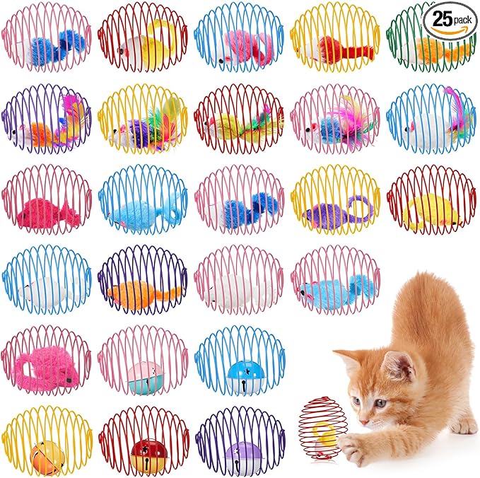 Jecery 25 Pcs Cat Spring Balls Toys Stretchable Rolling Balls Colorful Playful Coils Interactive Action Toy Caged Rats for Kitten Pet Supplies (Mouse and Bell,Colorful)