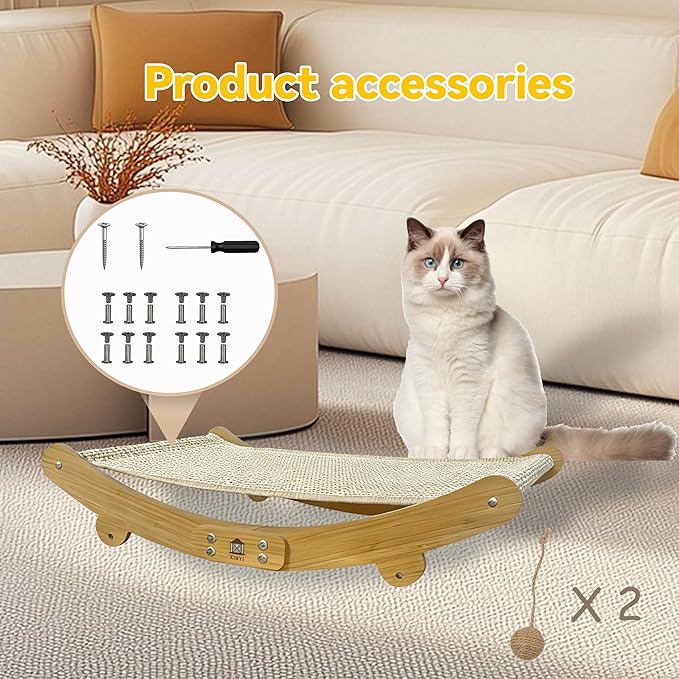 Sisal Cat Scratching Pad, 2 pcs Nartural Sisal Mats, Scratcher Lounge Rocking Beds and Fixed Beds 2-in-1 Cat Hammock