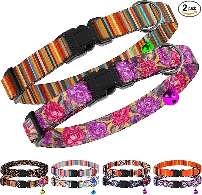 2 Pack Cat Collars with Bell - Breakaway Soft Collar for Girl & Boy Cats, Adjustable Safety Cute Kitten Collars – Comfortable Stylish Patterned Print Design Lightweight (Colorful + Flowers)