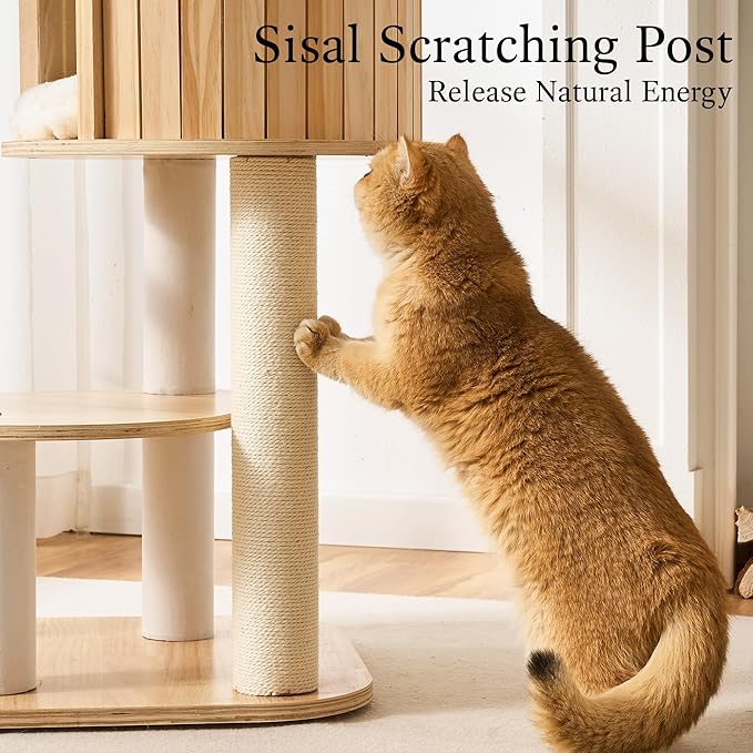 797Audio Wood Modern Cat Tree, 65" Cat Tower with Sisal Scratching Posts, Cat Condo, Capsule and Bed, Solid Wooden Aesthetic Multi-Level Cat Climbing Tree for Large Adult Indoor Maine Coon Cats-White