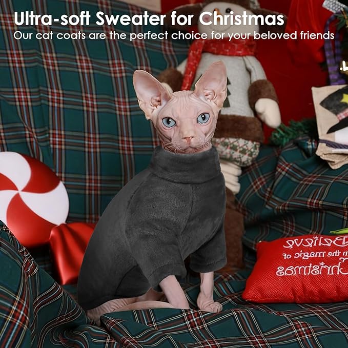 Turtleneck Sweater Coat for Cats, Sphynx Cat Clothes Pajamas for Cats Only, Kitten Fleece Pullover Sweaters with Sleeves, Pet Warm Jumpsuit Cat Sweatshirt for Cold Weather, Grey S