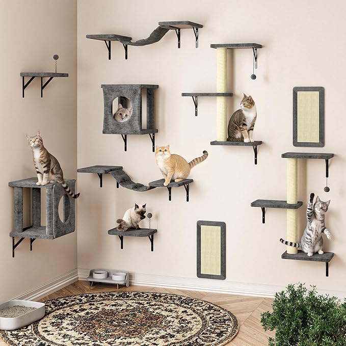 NUNU LAB Cat Wall Shelves, 10-in-1 Wall-Mounted Cat Furniture Set, Large Cat Climber Set with House, Bridge, Steps, Scratcher, DIY Playground, Shelves for Indoor Wall Furniture Set - Grey