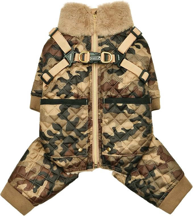 Puppia Bylur Mock Neck Full Zip up Warm Winter Jumpsuit with Integrated Harness for Small and Medium Dogs, Beige, Small