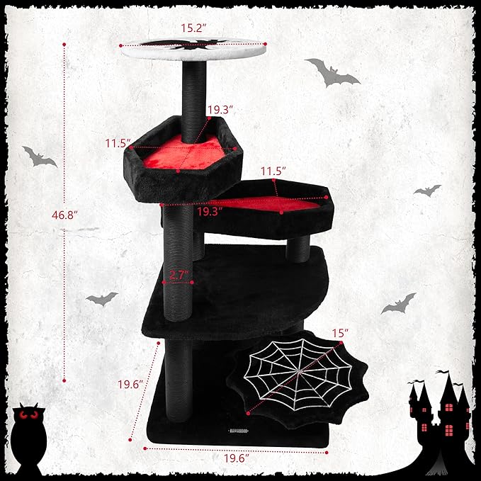 KAMABOKO Gothic Cat Tree with Coffin Bed, 46.9” Black Cat Tower for Indoor Cats with Scratching Posts, Halloween Cat Tree Tower for Large Cats, Black and Red