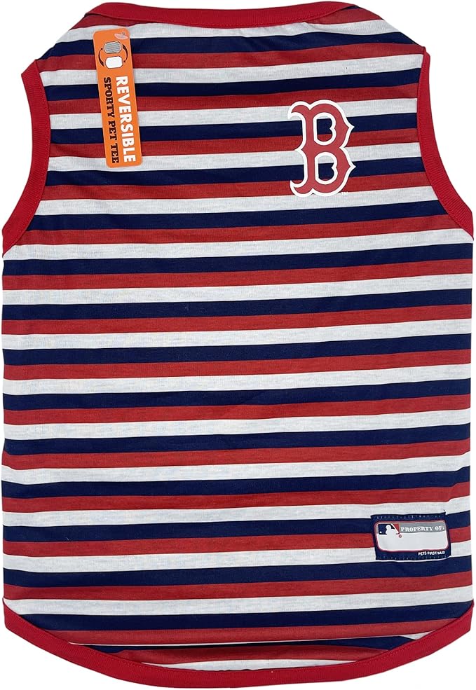 Pets First MLB Boston RED SOX Reversible T-Shirt,X-Small for Dogs & Cats. A Pet Shirt with The Team Logo That Comes with 2 Designs; Stripe Tee Shirt on one Side,Team Color,RSX-4158-XS