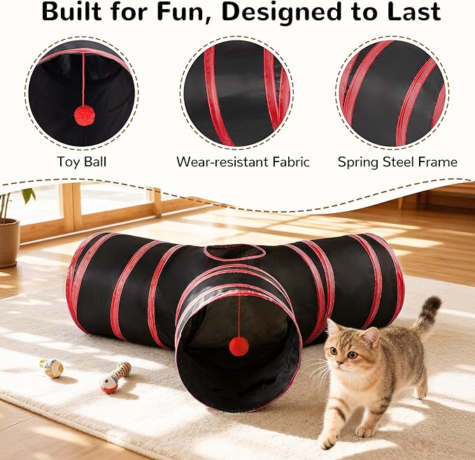 Tempcore Cat Tunnel for Indoor Cats, 3-Way Collapsible Play Tunnel with Teaser Wand, Peek Holes & Toy Ball, Small Pet Toy for Kittens & Rabbits, Black & Red