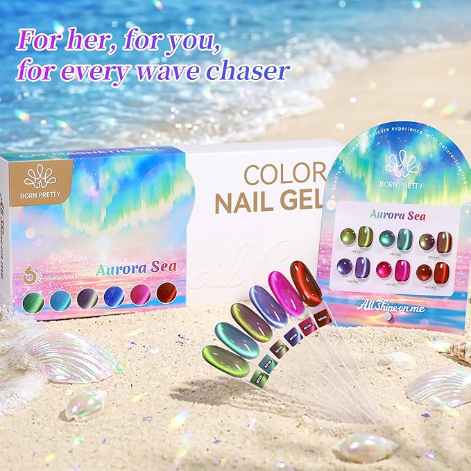 Born Pretty 15ML Spring Summer Cat Magnetic Eye Gel Nail Polish Set, 6 Colors Green Sea Blue Purple Bright Pink Burgundy Glitter Auroras Magnetic Gel Polish Jellyfish Effect 0.5 Fl.Oz