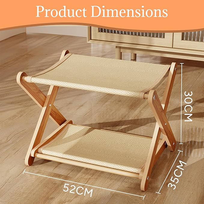 Cat Bed, Foldable Double Layer Cat Hammock X-Shape Solid Wood Cat Perch with Sisal Scratching Pad, 52x35x30cm No Assembly Cat Condo for Indoor