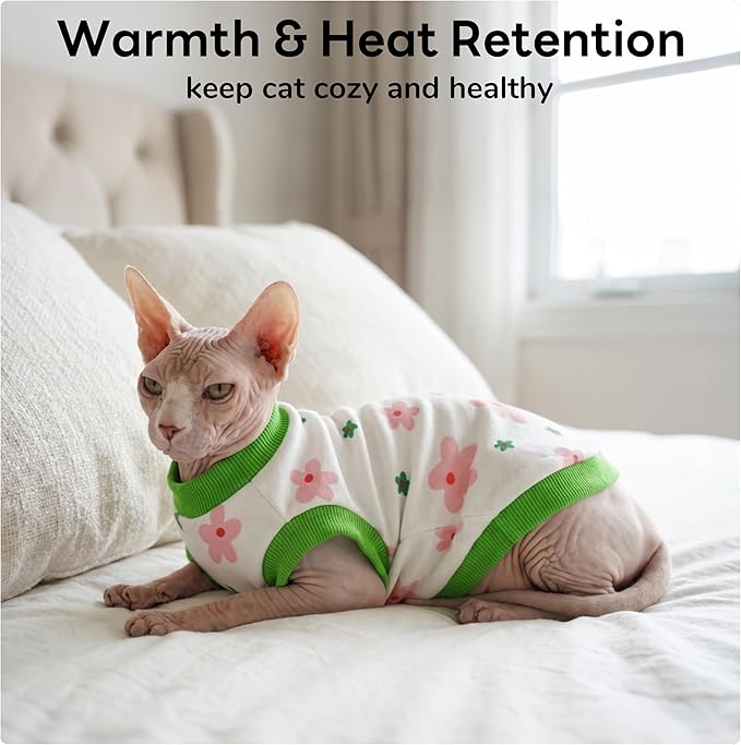 PUMYPOREITY Sphynx Cat Clothes, Stretchy Sweater, Soft Shirt, Pullover Pajamas, Turtleneck for Sphynx, Cornish Rex, Devon Rex, Green, XS