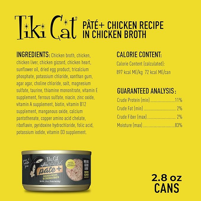 Tiki Cat After Dark Pate+, Chicken Recipe in Chicken Broth, with High Moisture Broth for Optimal Hydration, Wet Canned Cat Food, 2.8 oz. Can (12 Count)