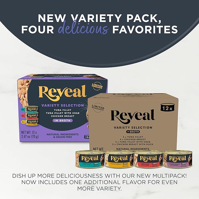 Reveal Natural Wet Canned Cat Food, 4-Flavor Variety Pack, Limited Ingredient, Grain Free, High Protein with No Artificial Additives, Fish and Chicken Variety in Broth (12 x 2.47 oz Cans)