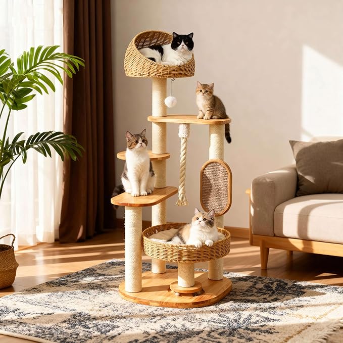Solid Wood Cat Tree for Large Cat, 50-Inch Tall Cat Tower for Indoor Cats with Scratching Post, Multi-Level Cat Condo with Handwoven Basket, Sturdy Cat Houses Easy to Clean